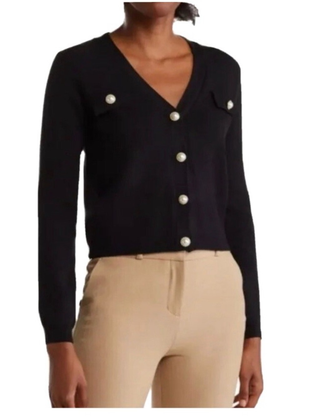 Tahari Classic Black V-Neck Buttoned Women's Sweater/XS/PTP 17-23/L 19